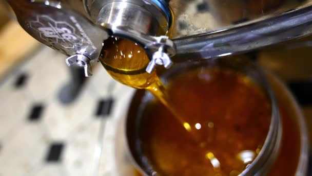 Mesmerizing Zicht Honing Stroomt Uit Kraan Van Honing Centrifuge Vloeibare — Stockvideo