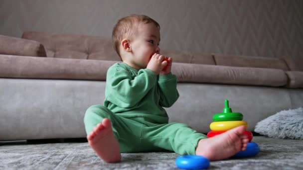 素敵な小さなトッドラーがソファーの近くの床に座っています 遊び心のある子供はそのおもちゃを口に抱きしめ 見上げる ローアングルビュー — ストック動画