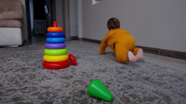 Bebé Arrastrándose Por Habitación Ignorando Brillante Pirámide Juguetes Niño Traje — Vídeo de stock