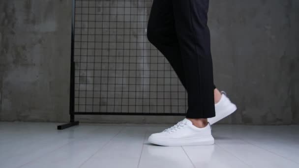 Woman Wearing Black Trousers White Sneakers Woman Demonstrates Her Modern — Stock Video