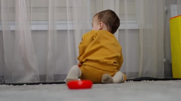 Kleine Kaukasische Babys Spielen Wohnzimmer Mit Ringen Aus Einer Spielzeugpyramide — Stockvideo