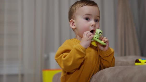 Bir Yaşında Tatlı Bir Çocuk Oyuncağı Ağzına Çekiyor Çocuk Içeride — Stok video