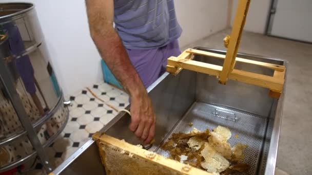 Honig Aus Holzrahmen Waben Die Rahmen Vorbereiten — Stockvideo