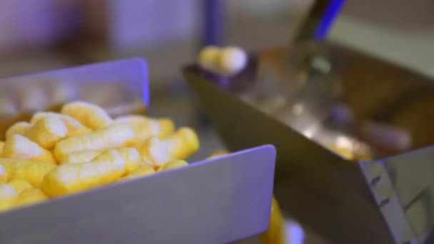 Factory Production Corn Sticks Sweet Crispy Puffcorn Making — Stock Video