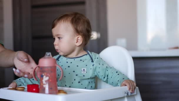 テーブルの上に食べているかわいい少年 キッチンで朝食を食べる小さな子供 — ストック動画