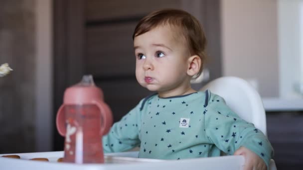 小孩在厨房吃早餐 小可爱的男孩在桌子上吃饭 — 图库视频影像