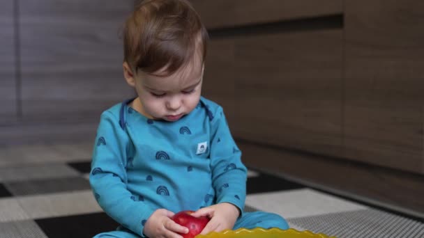 かわいい小さな子供が床で遊んでいる リトルボーイ学習 — ストック動画