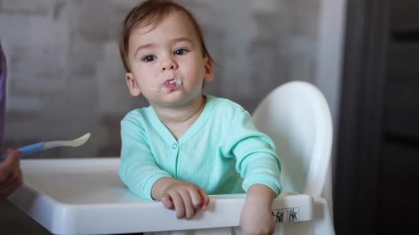 Portrait Eating Small Baby Child Sitting Having Breakfast — Stock Video