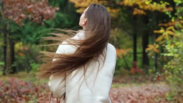 可爱的女士在公园里散步的画像 年轻漂亮的女人走在秋天的森林里 — 图库视频影像