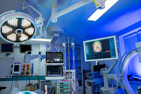 Emergency modern hospital room. Surgery cold blue lights ward.