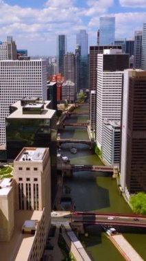 Harika Chicago 'nun fantastik binaları. İnsansız hava aracı, binaların üzerinde yeşil alanlar, nehrin üzerinde birden fazla köprü ile uçuyor. Arka planda bulutlu bir gökyüzü. Dikey video.