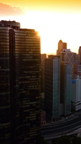 美丽的芝加哥摩天大楼后面 夕阳西下 多车道公路 有许多汽车在海滨行驶 顶部视图 垂直录像 — 图库视频影像