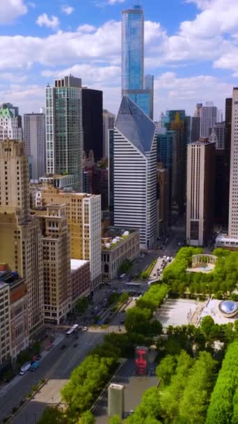 Green Hermoso Parque Del Milenio Rodeado Increíble Arquitectura Chicago Camino — Vídeo de stock