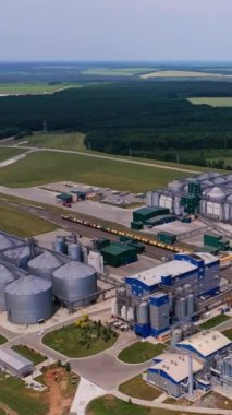 Tahıl depolama ve işleme için tarım fabrikası. Bereketli bitki bölgesinin havadan görünüşü. Arka planda güzel doğa manzarası. Dikey video.