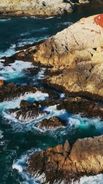 Pasifik Kıyı Şeridinin Yırtık Kayalarını Kaplayan Kırmızı Liken Beyaz Köpüklü — Stok video