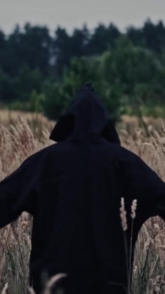 Μυστηριώδες Φάντασμα Στο Πεδίο Grim Reaper Περπάτημα Στο Πεδίο Στην — Αρχείο Βίντεο