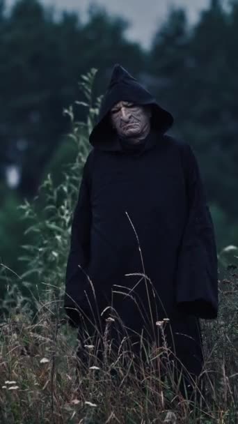 Gespenstische Gestalt Auf Dem Feld Einsame Kapuzenfigur Die Auf Einem — Stockvideo