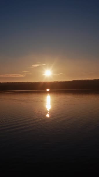 日没時の森林と川の空中観察 水の映画のドローンの映像上の森の風景の日没 垂直ビデオ — ストック動画