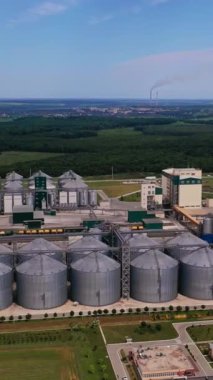 Büyük modern fabrikada gümüş ambarlar. Ortasında demiryolları olan bol sanayi bölgeleri. Havadan bakış açısı. Tarlaların arka planı. Dikey video.