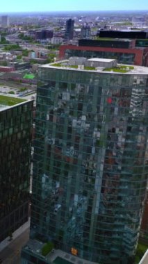 Çatılarında yeşil çimen olan modern ayna binaları. Gündüz vakti Chicago 'nun göz kamaştırıcı manzarası. Üst Manzara. Dikey video.