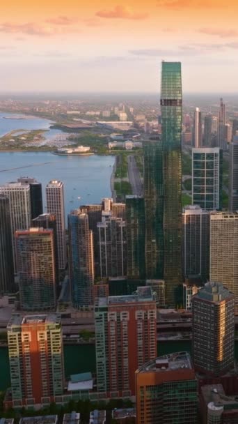 Chicago Centro Luz Del Sol Poniente Impresionantes Rascacielos Ubicados Paseo — Vídeo de stock