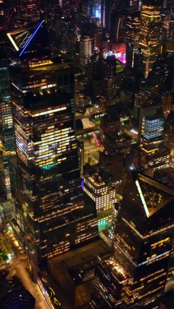 令人印象深刻的多样化建筑充满活力的纽约 夜晚美丽闪亮的大都市 空中透视 垂直录像 — 图库视频影像