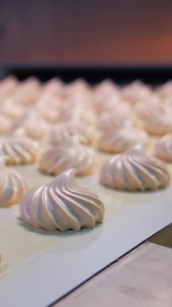 Marshmallow Zephyr Işi Bitti Şekerleme Fabrikasında Hazır Şekerlemeler Kapatın Dikey — Stok video