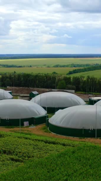 Kerek Biogáztároló Tartályok Biogáz Termelés Zöld Táj Hátterében Modern Mezőgazdasági — Stock videók