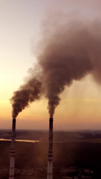 煙のあるパイプの様子 植物の垂直ビデオの排出からの風景の喫煙された汚染された大気 — ストック動画
