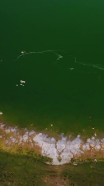 Gölün suları ve çıplak kıyıları üzerinde uçuyor. Mono Gölü 'nün muhteşem manzarası, Kaliforniya, ABD kuş bakışı. Dikey video.