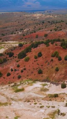 Farklı renklerde toprakları olan alışılmadık kayalık bir manzara. Kaliforniya 'daki Travertine Kaplıcaları' nın gündüz görüntüleri. Dikey video.