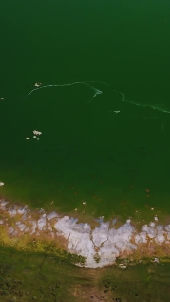 Літає Над Аквамариновою Водою Озера Його Оголеним Берегом Чудовий Вид — стокове відео