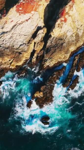 Stille Oceaan Woedend Aan Rotskust Van Californië Zeewier Verzameld Het — Stockvideo