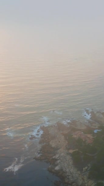 太平洋の海岸線には いくつかの私的な邸宅があります 緑の岩の海岸に降り立つドローン映像は白い霧を通して トップビュー バーティカルビデオ — ストック動画