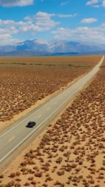 Issız arazide boş yoldan geçen siyah arabaları takip ediyorum. Güneşli bir günde Kaliforniya 'dan Nevada' ya otoyol. Arkaplanda dağ var. Dikey video.