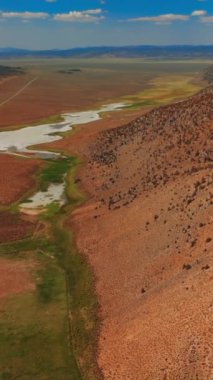 Nevada 'nın kuru kumlu manzarası, güneşli bir günde Birleşik Devletler. Kayalık tepeler. Etrafı ender yeşilliklerle çevrili. Dikey video.