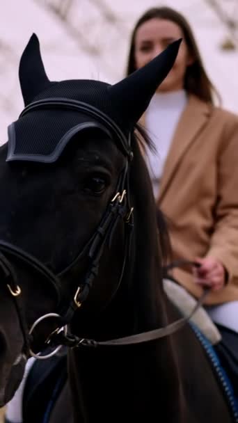 Mulher Branca Sorridente Positiva Casaco Bege Montando Cavalo Preto Perspectiva — Vídeo de Stock