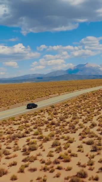 砂漠を通り抜ける空の道を移動する黒い車で追いつく 柔らかい白い雲で美しい青空 バーティカルビデオ — ストック動画