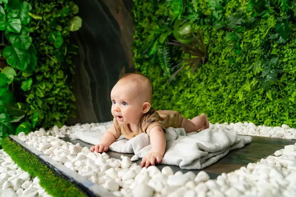 Lindo Bebé Está Acostado Tablero Madera Habitación Verde Con Piedras — Foto de Stock