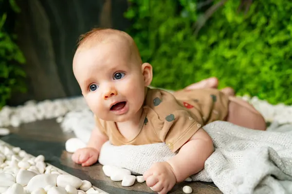Lindo Bebé Está Acostado Una Manta Jardín Bosque Para Sesión — Foto de Stock