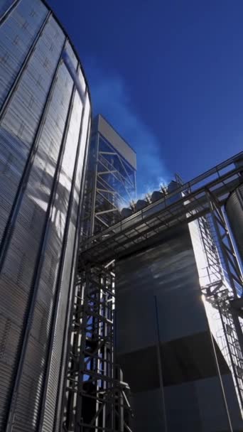 屋外に大規模なグラナリー 明るい夏の日のアルミニウム穀物のエレベーターが付いている現代企業 太陽に輝くシルバーサイロ クローズアップ バーティカルビデオ — ストック動画