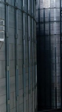 Tahıl depolamak için büyük metal silo. Modern endüstriyel fabrika. Tahıl ambarı Tarım mahsulleri depolanan gümüş kaplar. Doğa arka planında tahıl asansörleri. Yakın plan. Harekete geçin. Dikey video