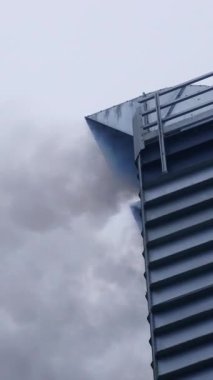 Endüstriyel tahıl kurutucusundaki borudan çıkan gri, kalın duman bulutları. Endüstriyel buğday kurutma makinesinin yüksek metal binası. Dikey video