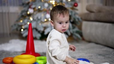 Beyaz çocuk oyuncak piramidiyle oynuyormuş. Küçük oğlan oyuncak bluzu fırlatıp almak için onu takip ediyor. Arkaplanda Noel ağacı.