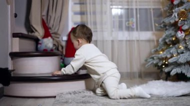 Güzel beyaz çocuk Noel için dekore edilmiş odanın yanından sürünerek geçiyor. Tatlı çocuk merdivenlerden çıkıyor. Kara kedi çocuktan uzakta değil..