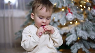 Tatlı çocuk baston şekeri ve el sallamayı heyecanla deniyor. Çocuk arkasından Noel ağacına döner..