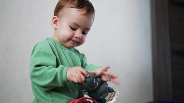 Menino Criança Bonita Senta Brincando Com Brinquedos Miúdo Distrai Por — Vídeo de Stock