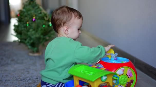 Bebé Caucásico Jugando Con Juguete Suelo Calm Niño Presiona Boca — Vídeos de Stock