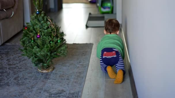 Küçük Çocuk Duvarda Yavaşça Emekliyor Kameradan Uzaklaşıyor Süslü Noel Ağacı — Stok video