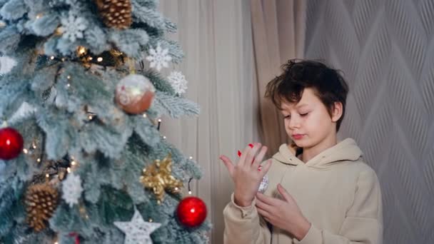 Adorável Menino Adolescente Decorando Árvore Natal Casa Menino Com Capuz — Vídeo de Stock